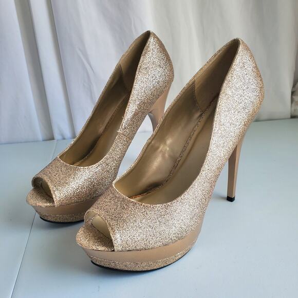 Women Glitter Platform Peeptoe Shoe 11 Gold Champagne NYE Cocktail Dance Club - Picture 15 of 15